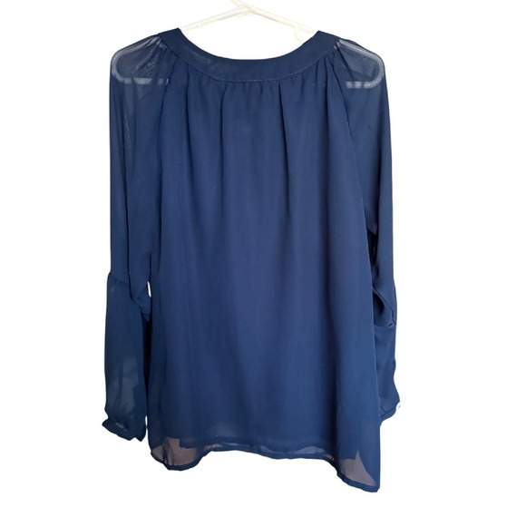 Un Deux Trois Navy Blouse Tie Neck Long Sleeve Sheer Top Size 10 - Picture 2 of 4